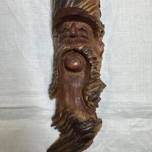 VTG Wood Spirit Wizard Hand Carved Face Man Beard Mustache Cabin Lake Decor